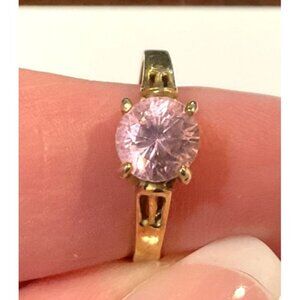 Gold Tone Band Ring Sz 6.5 Pink Tourmaline Style Round Stone October Birthstone